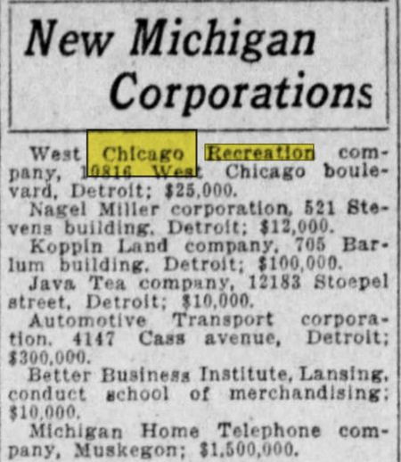 West Chicago Recreation - Nov 5 1926 Corporate Registry